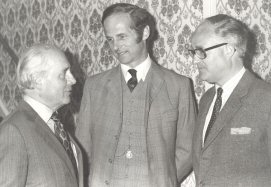 Michael Wynne-Parker with Hammond Innes, author and Count Nicholai Tolstoy, author - Bury St.Edmunds, UK 1984